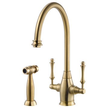 Charleston Two Handle Kitchen Faucet With Sidespray, Brushed Brass
