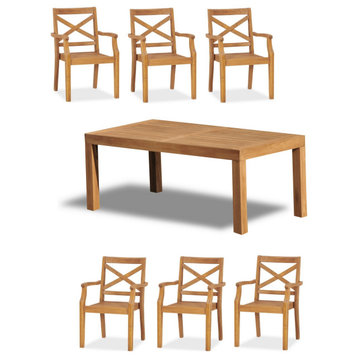 7-Piece Outdoor Teak Dining Set: 86" Rectangle Table, 6 Grand Stacking Arm Chair