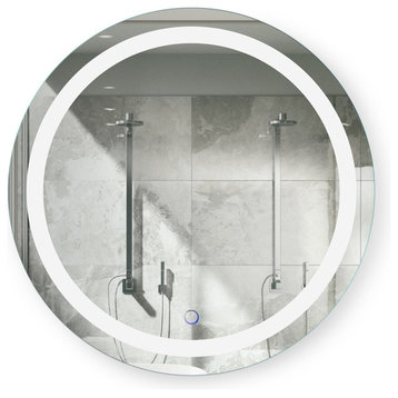 Round LED Lighted Bathroom Mirror Wall Mount With Defogger and Dimmer, 24"