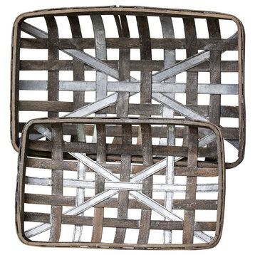 Gray Wash Rectangle Tobacco Baskets With Metal Strips, Set of 2