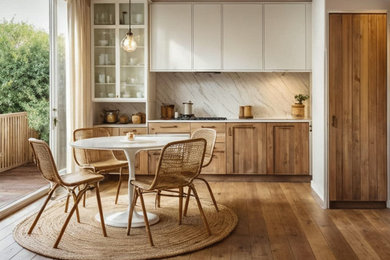 Design ideas for a medium sized rustic galley kitchen/diner in London with a built-in sink, glass-front cabinets, white cabinets, quartz worktops, white splashback, marble splashback, integrated appliances, marble flooring, no island, brown floors, white worktops and a coffered ceiling.