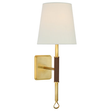 Griffin Sconce in Hand-Rubbed Antique Brass and Saddle Leather with Linen Shade