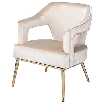 Modern Accent Armchair, Elegant Golden Legs and Beige Seat With Open Backrest
