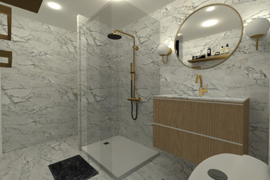 Cette image montre une petite salle d'eau minimaliste avec une douche à l'italienne, un carrelage blanc, du carrelage en marbre, une cabine de douche à porte coulissante, meuble simple vasque et meuble-lavabo suspendu.