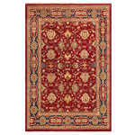 Bareens Designer Rugs - Oriental Ziegler Leila Red Blue Hand-Knotted Wool Rug - 7'10'' x 9'10'' - Enhance the ambiance of your home with this magnificent Persian-influenced Turkish hand-knotted rug made by skilled artisans capable of creating the most exceptional vegetable dyes and hand-spun wool. This exquisite handmade rug is a one-of-a-kind Peshawar Kafkaz, otherwise identified as Chobi, Chobi Peshawar, Oushak, or Ziegler rug. These handmade rugs are crafted in Pakistan utilizing superior-quality wool imported from Australia, New Zealand, and Korea in two types of weaves: the Persian weave and the Mori weave. This rug is meticulously crafted by hand using the finest natural vegetable dyes extracted from local plants. The artisans use a blend of hand-spun local and fine merino wool, resulting in a rug with a compelling texture, higher lanolin content, and longer staple. The artisans occasionally incorporate natural or artificial silk into the pile to enhance specific motifs. The finished product is an awe-inspiring execution of flawless design and an understated palette that exudes elegance.