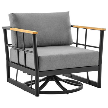 Shari Patio Swivel Glider Lounge Chair in Black Aluminum and Teak Wood