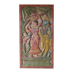 Consigned Vintage Carved Radha Krishna Divine Love Colorful Yoga Barn Door Panel