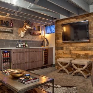 Inspiration for a small rustic look-out basement in Omaha with grey walls and carpet.