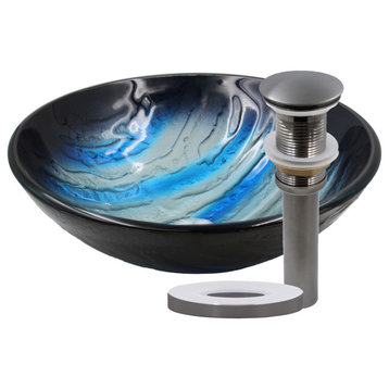 Tigre Blue and Silver Painted Glass Bathroom Vessel Sink and Drain, Gunmetal
