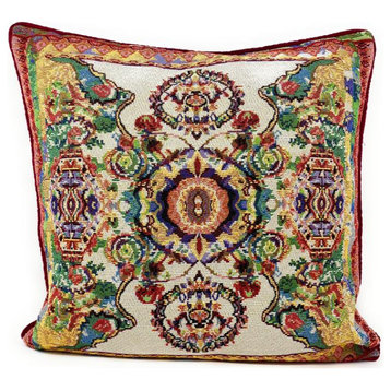 Tapestry Woven Rococo Elegant Ornate Paisley Ivory Colorful Pillow Cover