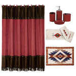 Paseo Road by HiEnd Accents - Del Sol 21 Piece Lifestyle Bath Collection - The Del Sol 21 Piece Bath Collection will update your bathroom with hues of red, brown and blue.  Collection includes: (1) Cheyenne Red Shower Curtain, (12) Fabric Covered Shower Curtain Rings, (3) Piece Embroidered Del Sol Towel Set, (4) Piece Ceramic Bath Accessory Set, (1) Azetc Inspired Bath Rug.  Measurements: Shower Curtain: 72"x72"; Bath Towel: 27"x52", Hand Towel: 16"x32", Finger Towel: 13"x14"; Lotion/Soap Dispenser 6.5"Hx3"Lx2.5"W, Toothbrush Holder 4"Hx4"Lx2.5"W, Soap Dish 1"Hx4"Lx3.25"W; Bath Rug: 24"x36".  Shower Curtain: 100% Polyester; Bath Accessory Set 100% Resin; Bath Towel Set: 95% Cotton, 5% Polyester; Bath Rug: 100% Premium Acrylic with a Latex Backing.  Care: Shower Curtain: Dry Clean Recommended; Bath Accessory Set: Wipe Clean; Towel Set and Bath Rug: Machine Wash.  Imported.  Items featured in our collections can be purchased separately.