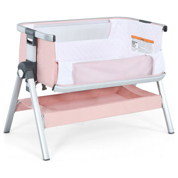 Costway Baby Bassinet Bedside Sleeper w/Storage Basket & Wheel for Newborn Pink
