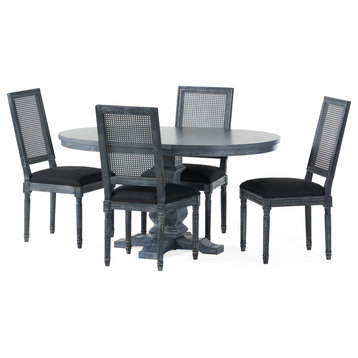 Brownell French Country Wood and Cane 5-Piece Expandable Oval Dining Set, Black/Gray/Gray