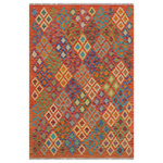 Bareens Designer Rugs - Retro Turkish Kilim Danyelle Hand-Woven Wool Rug - 5'1'' x 6'5'' - Elevate the elegance of your home with this stunning hand-woven tribal Kilim wool rug. Meticulously crafted on a loom by the Nomad Turkman people using hand-spun wool and 100% natural vegetable dyes, these rugs are recognized for their repetitive geometric patterns, incorporating naturalistic floral and traditional designs. The contemporary fashion palette results in bold, sharp patterns that are incredibly versatile, as the pattern is the same on both sides. These reversible rugs feature a lighter shade on one side and brighter colors on the other, providing versatility according to preference. These unique rugs are made by knotting short strands of different colors onto the warps and securing them by tightly pressing the wefts. The designs are created by interweaving the various colored wefts and warps. Kilims are known for their exceptional durability and versatility, making them truly unique rugs.  Product Details    Rug Size: 5'1'' x 6'5''  Material: 100% Wool  Style: Kilim, Flat Weave, Dhurrie, Turkish, Southwestern, Rustic, Tribal  Colors: Rust, Blue  Weave Type: Hand-Woven, Handmade  Pile Height: Less than 0.25 inch