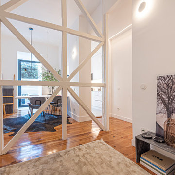 Living Room Screen, Media Console and Dining Room Beyond