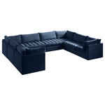 Meridian Furniture - Jacob Velvet Upholstered 8-Piece U-Shaped Modular Sectional, Navy - Create the ideal seating arrangement for your space when you pick and choose the elements you like mostincluding this Jacob velvet modular sectional. Mix and match items in the Jacob collection to bring your living space or family room together with a personalized slant. Soft navy velvet upholstery is soft and welcoming to the touch, adding a luxurious feel to everyday seating. Deep channel tufting adds to the piece's durability, and latches underneath the unit make it easy to attach to other pieces in the collection.