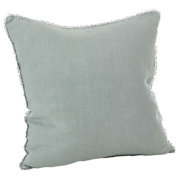 Pomponin Collection PomPom Design Down Filled Linen Throw Pillow, Blue Gray