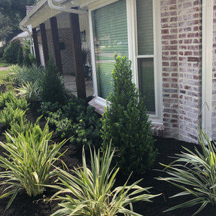 Großer Stilmix Vorgarten mit Blumenbeet, direkter Sonneneinstrahlung und Mulch in Houston