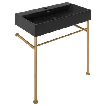 Claire 30" Ceramic Console Sink Matte Black Basin Gold Legs, Brushed Gold