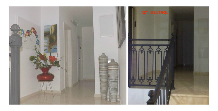 styling of a small space up the stairs-very visible from salon