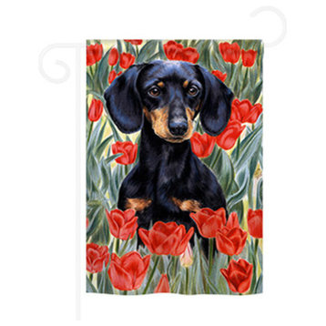 Dachsund In Tulips 13"x18.5" USA-Produced Home Decor Flag