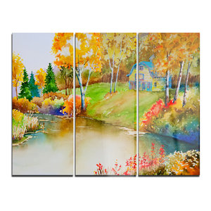 House And Quiet Pond In Fall Canvas Art Print 3 Panels 36 X28 Contemporary Prints And Posters By Design Art Usa