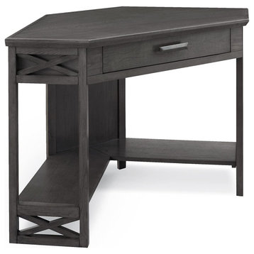 Unique Corner Desk, Lower Shelf & Pull Out Drawer With Drop Front, Smoke Grey