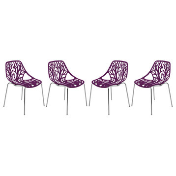LeisureMod Modern Asbury Dining Chair With Chromed Legs, Set of 4 Purple