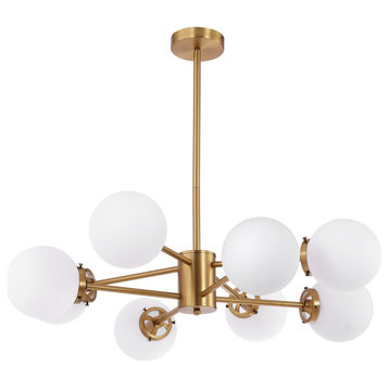 Modern 8-Light Sputnik Chandelier With Glass Shades, Gold, White Opal Glass