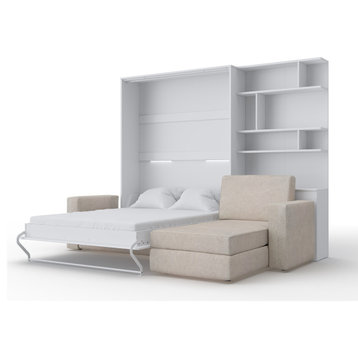 Contempo Vertical Wall Bed with a Corner Sofa and a Bookcase, 55.1x78.7 inch, White/White + Beige