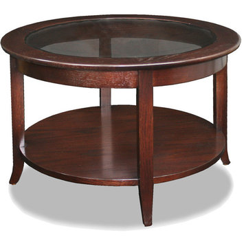 Leick Furniture Solid Wood Round Glass Top Coffee Table in Oak