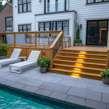 Backyard Pool, Waterfall, Deck, Hot Tub, Pergola, Outdoor Kitchen, Interlocking