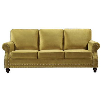 Traditional Sofa, Velvet Seat & Rolled Arms With Nailhead Accents, Strong Yellow