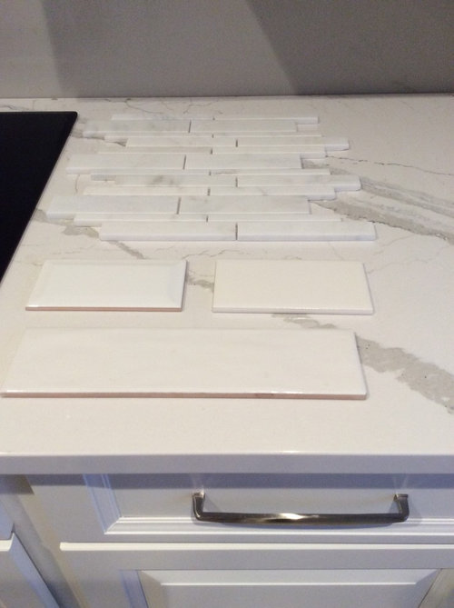 Backsplash To Match Cambria Brittanicca Help Cabinets Are Benjamin Moore White Dove Should We Do A Traditional Subway Tile Bevelled 3x12 In Or Marble Photos Included
