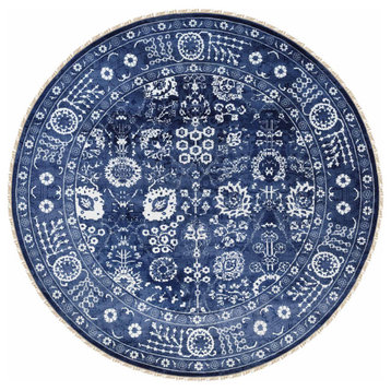 Wool and Silk Blue Tone On Tone Tabriz Hand Knotted Round Rug, 11'10" x 11'10"