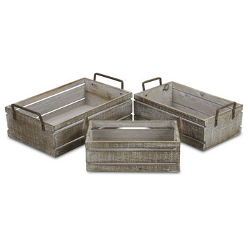 Set of 3 Brown Wood Grain Slatted Rectangular Small Crate With Side Handles