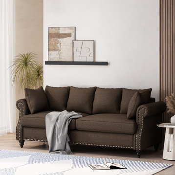 Bonny Fabric Pillowback 3-Seater Sofa With Nailhead Trim, Brown/Dark Brown