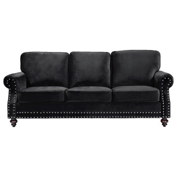 Traditional Sofa, Velvet Seat & Rolled Arms With Nailhead Accents, Black