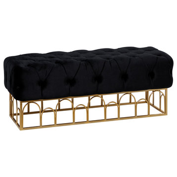Contemporary Ottoman, Geometric Golden Metal Base With Tufted Black Velvet Seat