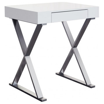 HomeRoots Desk Small High Gloss White One Drawer Stainless Steel Base