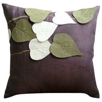 Leaf Felt Applique 12"x12" Faux Suede Fabric Brown Pillow Covers, Oliveleafyday