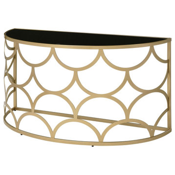 Modern Console Table, Geometric Accented Half Moon Gold Frame & Black Glass Top