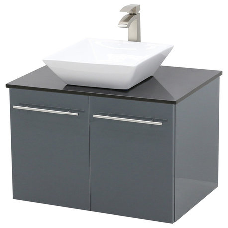 24" Wall Mount Vanity, Black Stone Countertop, High Gloss Dark Grey