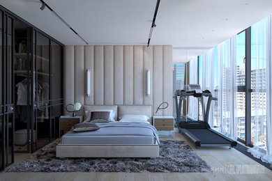 Стильный дизайн: хозяйская спальня среднего размера в современном стиле с бежевыми стенами и бежевым полом - последний тренд