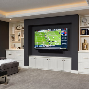 Inspiration for a medium sized modern fully buried basement in Minneapolis with grey walls and carpet.