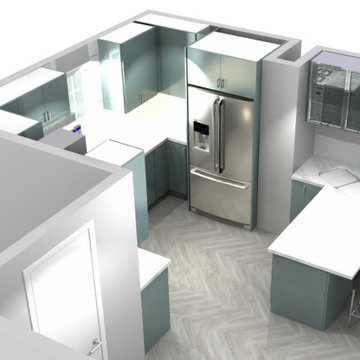 Compact but cozy kitchen with Aqua Blue door color and sparkling  quartz top.