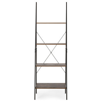 Wolfe Newnan Modern Industrial 4 Shelf Etagere Ladder Bookcase, Black/Rustic