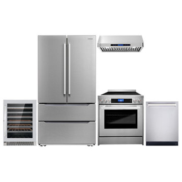5PC Package with 30" Range & Range Hood, Dishwasher, Refrigerator & Wine Cooler