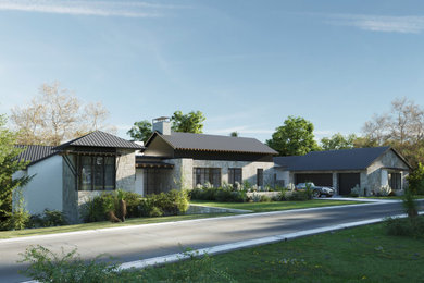 Large transitional one-story stucco exterior home photo in Austin with a metal roof