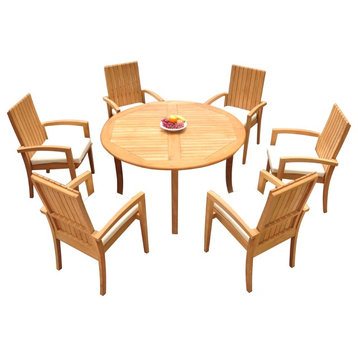 7-Piece Outdoor Teak Dining Set: 52" Round Table, 6 Goa Stacking Arm Chairs